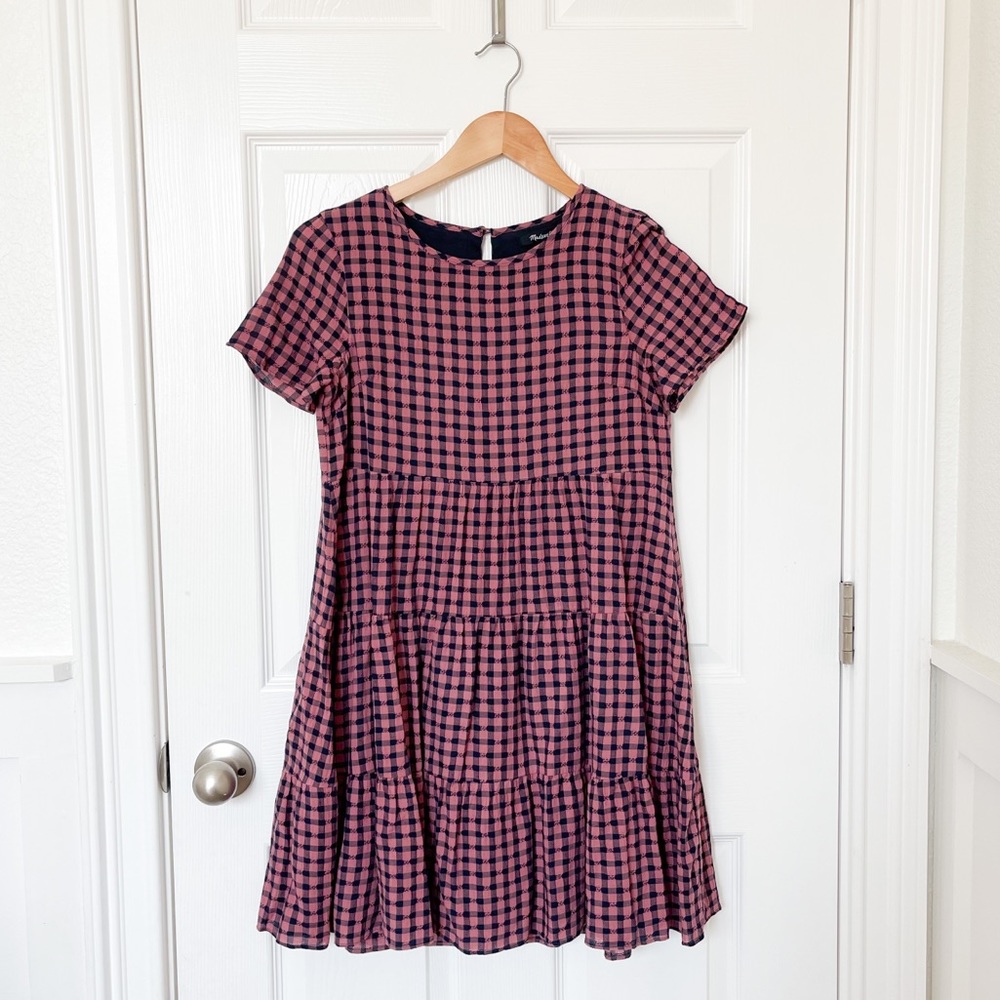Madewell Short-Sleeve Tiered Mini Dress in Gingham Check
